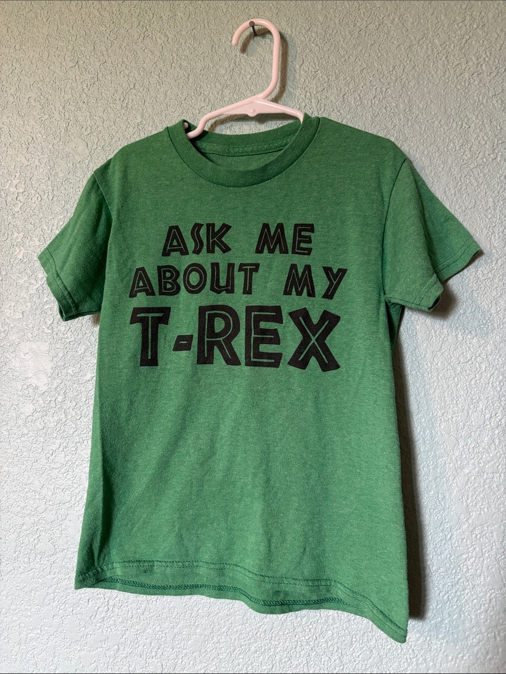Green Kids Tee with 'Ask Me About My T-Rex' Graphic Boys Size XS 5/6 Good